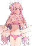  1girl angel_wings blue_archive blush bra breasts cleavage clothes_lift hair_bun halo highres lifted_by_self long_hair looking_at_viewer medium_breasts mika_(blue_archive) navel panties pink_bra pink_hair pink_panties shirt_lift simple_background single_side_bun solo solokitsune sweatdrop thigh_gap underwear very_long_hair white_background white_wings wings 
