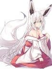  1girl animal_ear_fluff animal_ears bare_shoulders fox_ears fox_tail highres japanese_clothes kimono kneeling long_hair long_sleeves looking_at_viewer original parted_lips partially_undressed red_kimono shiro_youduki solo tail very_long_hair white_background white_hair wide_sleeves yellow_eyes 