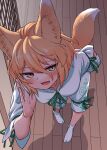  1girl animal_ear_fluff animal_ears blonde_hair blush fang floor fox_ears fox_tail from_above fuuzasa green_ribbon hair_between_eyes highres indoors kudamaki_tsukasa open_mouth ribbon romper short_hair socks solo tabi tail touhou white_romper white_socks yellow_eyes 