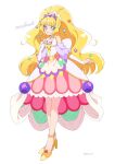  1girl artist_name bare_shoulders blonde_hair blue_eyes character_name commentary_request cure_finale delicious_party_precure dress eyelashes hair_ornament happy high_heels highres kasai_amane long_hair looking_at_viewer magical_girl precure puffy_sleeves shirako_love simple_background smile solo standing twitter_username white_background 