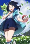  1girl :d absurdres black_hair black_shorts cloud coat commentary_request day eyelashes flower grass green_coat green_eyes hair_ornament hairclip highres holding holding_poke_ball jewelry liko_(pokemon) looking_down nanamilem necklace open_clothes open_coat open_mouth outdoors poke_ball poke_ball_(basic) pokemon pokemon_(anime) pokemon_(creature) pokemon_horizons shirt shorts sky smile socks sprigatito teeth tongue upper_teeth_only white_flower white_shirt white_socks 