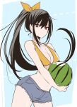  1girl arched_back bare_arms bare_shoulders belly bikini black_hair blue_background breasts claire_kagenou cleavage denim denim_shorts food front-tie_bikini_top front-tie_top fruit hair_between_eyes hair_ribbon high_ponytail highres holding kage_no_jitsuryokusha_ni_naritakute! long_hair navel ponytail red_eyes ribbon sakano_anri shorts sideboob sidelocks simple_background solo standing stomach swept_bangs swimsuit thighs watermelon yellow_bikini yellow_ribbon 