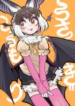  1girl absurdres animal_ears bat_ears bat_girl bat_wings bow bowtie brown_eyes brown_hair brown_long-eared_bat_(kemono_friends) cardigan elbow_gloves extra_ears fingerless_gloves gloves grey_hair highres kanmoku-san kemono_friends kneehighs multicolored_hair orange_background short_hair simple_background skirt socks solo tongue two-tone_hair wings 