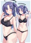  1girl :o black_bra black_panties blue_archive blush bra closed_mouth halo highres long_hair looking_at_viewer multiple_views navel open_clothes open_shirt panties purple_eyes purple_hair shiitake_taishi standing two_side_up underwear yuuka_(blue_archive) 