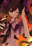  1girl brown_eyes brown_hair cellphone closed_mouth collared_shirt hand_in_own_hair highres himekaidou_hatate holding holding_phone long_hair looking_at_viewer one-hour_drawing_challenge one_eye_closed orange_background phone shirt short_sleeves solo souko_illust touhou twintails upper_body white_shirt 