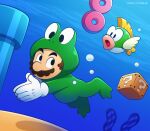  1boy ?_block air_bubble artist_name brown_hair bubble deep_cheep facial_hair fish frog_mario gloves highres mario mario_(series) mustache open_mouth short_hair super_mario_bros._3 swimming underwater vinny_(dingitydingus) warp_pipe watermark white_gloves 