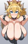  animal_humanoid big_breasts black_clothing black_legwear blonde_hair bowser bowsette_meme breasts brown_horn bulging_breasts clothing collar crossgender crown cute_fangs detritus ear_piercing ear_ring eyelashes female glistening glistening_body gradient_background grey_background hair hanging_breasts headgear hi_res horn huge_breasts humanoid humanoid_pointy_ears koopa koopa_humanoid legwear mario_bros meme mtf_crossgender nintendo piercing ponytail ring_piercing scalie scalie_humanoid simple_background skin_fang skindentation smile solo spiked_collar spikes super_crown 