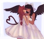  2girls :d alternate_hairstyle animal_ears bird_wings black_hair black_wings blue_background bow braid braided_ponytail cat_ears cat_tail closed_eyes commentary dark-skinned_female dark_skin dress english_commentary hair_bow hat hat_bow highres kaenbyou_rin long_hair multiple_girls multiple_tails red_hair reibyous reiuji_utsuho simple_background smile strapless strapless_dress tail touhou two_tails wedding_dress white_bow white_dress wife_and_wife wings yuri 