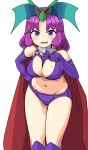  1girl bikini breasts cape cleavage elbow_gloves gloves highres looking_at_viewer maruput monster_girl navel open_mouth purple_bikini purple_eyes purple_gloves purple_hair purple_thighhighs red_cape saga saga_frontier short_hair simple_background smile solo swimsuit thighhighs white_background 