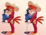 anthro avian beanie bird blush bodily_fluids bottomless butt butt_grab chicken clothed clothing digital_media_(artwork) disney duo emoji galliform gallus_(genus) hand_on_butt hat headgear headwear hi_res holding_partner hoodie kissing levi_(miau) looking_at_another male male/male miau panchito_pistoles penguin phasianid semi-anthro simple_background size_difference sombrero steam sweat tail tail_motion tailwag the_three_caballeros topwear 