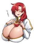  1girl absurdres alternate_breast_size blush boudica_(fate) breasts check_translation cleavage closed_eyes commentary fate/grand_order fate_(series) highres huge_breasts imuzi juliet_sleeves long_hair long_sleeves o-ring o-ring_top open_mouth ponytail puffy_sleeves red_hair short_ponytail shrug_(clothing) smile solo translation_request 