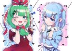  2girls absurdres blue_eyes blue_hair blue_shirt blue_skirt bow closed_mouth collared_shirt dress frilled_bow frilled_ribbon frilled_sleeves frills front_ponytail green_eyes green_hair hair_bobbles hair_bow hair_ornament hair_ribbon hands_on_own_face heart highres juliet_sleeves kagiyama_hina kawashiro_nitori key long_hair long_sleeves looking_at_viewer medium_hair multiple_girls one_eye_closed open_mouth pleated_skirt pudding_modoki puffy_sleeves red_bow red_dress red_ribbon ribbon shirt short_sleeves skirt smile squiggle tears touhou two_side_up upper_body 