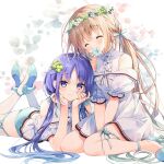  2girls ^_^ bare_shoulders blue_flower blue_footwear blush bow closed_eyes closed_mouth commentary_request dress flower flower_over_mouth frills hair_between_eyes hair_ornament head_rest head_wreath high_heels kurone_(suimya) long_hair low_twintails lying multiple_girls off_shoulder on_stomach original puffy_short_sleeves puffy_sleeves purple_eyes purple_hair shirahana_(suimya) shirt shoe_soles shoes short_shorts short_sleeves shorts sitting sleeveless smile suimya thighhighs twintails very_long_hair wariza white_dress white_flower white_shirt white_thighhighs 