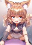  1girl :d animal_ear_fluff animal_ears black_thighhighs blue_capelet blue_eyes blush capelet commentary_request commission fang flat_chest highres looking_at_viewer medium_hair open_mouth original paid_reward_available skeb_commission smile solo tail thighhighs wolf_ears wolf_girl wolf_tail yufukiri 