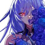  1girl bare_shoulders blue_flower blue_rose commentary_request flower honkai:_star_rail honkai_(series) jingliu_(honkai:_star_rail) long_hair looking_at_viewer portrait purple_hair red_eyes rose sas_(ls08b) solo 