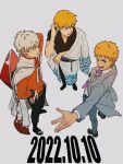  3boys arm_behind_head blonde_hair blue_eyes cosplay crossover facial_mark formal from_above gintama grey_suit hamariito hand_on_own_hip hat_on_back highres hokage japanese_clothes kimono long_sleeves looking_at_another mob_psycho_100 multiple_boys naruto_(series) naruto_shippuuden necktie open_mouth orange_shirt outstretched_arm patterned_clothing purple_necktie reigen_arataka reigen_arataka_(cosplay) release_date sakata_gintoki sakata_gintoki_(cosplay) shirt short_hair short_sleeves smile suit uzumaki_naruto uzumaki_naruto_(cosplay) whisker_markings white_hair white_kimono white_shirt 