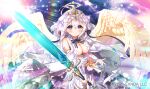  1girl ahoge angel_wings angelic_link blush breasts commentary_request detached_sleeves dress grey_hair halo holding holding_sword holding_weapon large_breasts lens_flare long_sleeves looking_at_viewer michael_(angelic_link) official_art pico_(p_i_c_o) purple_eyes smile solo sword upper_body veil weapon white_dress wings yellow_wings 