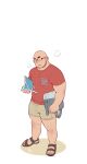  1boy absurdres atian_(youtiange) backpack bag bald bara beard_stubble carrying carrying_under_arm closed_eyes fanning_self full_body highres hot ji_peng_gou_you large_pectorals male_focus mature_male muscular muscular_male open_mouth pectorals red_shirt shirt short_hair short_shorts shorts solo standing sweat thick_thighs thighs white_background youtian_(youtiange) 
