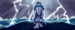  abs anthro big_hands dark_clouds dragon electricity facial_hair frill_(anatomy) goatee heel_claw hi_res hybrid iciclefeather lightning lionfish looking_at_viewer male scenery sea solo vincent(huf13) walking_towards_viewer water white_body 