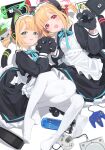  2girls :d absurdres animal_ear_headphones animal_ears animal_hands apron black_dress blonde_hair blue_archive blue_bow blue_bowtie blush bow bowtie cat_ear_headphones controller dress fake_animal_ears game_boy game_boy_(original) game_console game_controller gloves green_bow green_eyes green_halo hair_bow halo handheld_game_console headphones highres kaniman long_sleeves looking_at_viewer maid maid_headdress midori_(blue_archive) momoi_(blue_archive) multiple_girls nintendo_64_controller nintendo_switch no_shoes open_mouth pantyhose paw_gloves playstation_5 playstation_portable red_bow red_eyes red_halo sega_dreamcast short_hair siblings sisters smile tail teeth twins upper_teeth_only white_pantyhose 