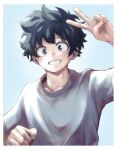  1boy boku_no_hero_academia border dark_green_hair freckles green_eyes highres looking_at_viewer male_focus midoriya_izuku open_mouth r1014-chopper shirt smile solo t-shirt teeth upper_body v white_border white_shirt 