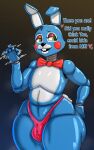  animatronic anthro blush blush_stickers bow_tie buckteeth bulge clothing english_text exclamation_point five_nights_at_freddy&#039;s five_nights_at_freddy&#039;s_2 green_eyes half-closed_eyes hi_res huge_thighs lagomorph leporid machine male mammal narrowed_eyes open_mouth question_mark rabbit robot scottgames slushiebest solo teeth text thick_thighs thong toy_bonnie_(fnaf) underwear wide_hips 