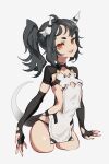  1girl :d absurdres black_gloves black_hair breasts cancell cropped_legs elbow_gloves fang gloves highres horns looking_at_viewer open_mouth orange_eyes original side_ponytail simple_background small_breasts smile solo tail teeth white_background 