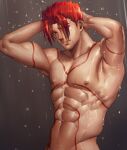 1boy abs arm_tattoo armpits arms_behind_head bara bitaro completely_nude fate/grand_order fate_(series) groin head_tilt leonidas_(fate) looking_at_viewer male_focus muscular muscular_male navel nipples nude out-of-frame_censoring parted_bangs pectorals red_hair short_hair showering sideburns solo stomach tattoo thick_eyebrows water_drop wet 