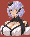  1girl breasts cleavage commentary crossed_bangs english_commentary grey_hair hair_between_eyes hair_ornament highres indie_virtual_youtuber jewelry large_breasts looking_at_viewer magatama magatama_necklace necklace original red_background red_eyes second-party_source short_hair simple_background solo tattoo tomatolover16 upper_body virtual_youtuber 