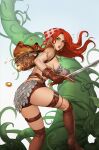  1girl armlet armor artist_name bikini_armor bird boots breasts brown_footwear brown_gloves brown_shorts chicken commentary english_commentary gloves golden_egg green_eyes highres holding holding_sword holding_weapon leirix_(leirixart) long_hair looking_at_viewer medium_breasts plant red_hair red_sonja red_sonja_(comics) revealing_clothes short_shorts shorts sideboob signature simple_background sword weapon white_background 