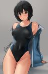  1girl amagami black_hair black_one-piece_swimsuit blue_jacket breasts brown_eyes competition_swimsuit covered_navel dated grey_background highres jacket looking_at_viewer medium_breasts nanasaki_ai one-piece_swimsuit revision short_hair simple_background solo swimsuit twitter_username two-tone_swimsuit yoo_tenchi 
