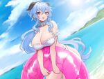  1girl :d absurdres bikini blue_hair blue_sky breasts cloud day ganyu_(genshin_impact) genshin_impact hair_between_eyes highres holding holding_innertube horns huge_breasts innertube long_hair looking_at_viewer nemuaki open_mouth outdoors purple_eyes sky smile solo swimsuit very_long_hair white_bikini 