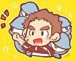  1boy :d ^_^ blush blush_stickers brown_hair chibi closed_eyes cropped_torso facial_hair hand_up happy incoming_fist_bump looking_at_viewer lowres male_focus mminoharu notice_lines rugby_uniform scar scar_on_arm scar_on_cheek scar_on_face short_hair smile solo spiked_hair spirit sportswear stubble tamamura_gunzo thick_eyebrows tokyo_afterschool_summoners 