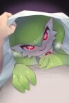  1boy 1girl absurdres blurry blush bob_cut breath bright_pupils colored_skin commentary ddingyong depth_of_field english_commentary flat_chest gardevoir green_hair green_skin hair_between_eyes happy highres lifting_covers looking_at_viewer lying_on_person multicolored_skin nose_blush open_mouth pokemon pokemon_(creature) pov red_eyes short_hair smile solo_focus sweat two-tone_skin under_covers white_pupils white_skin 