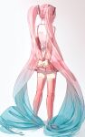  1girl absurdly_long_hair absurdres alternate_color arms_behind_back back bare_shoulders blue_hair boots collared_shirt commentary detached_sleeves fingernails from_behind full_body gradient_hair hair_ornament hatsune_miku highres im909_im long_hair long_sleeves miniskirt multicolored_hair pink_footwear pink_hair pink_skirt pleated_skirt sakura_miku shadow shirt simple_background skirt solo standing twintails two-tone_hair very_long_hair vocaloid white_background white_shirt wide_sleeves 