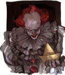  1boy absurdres clown colored_skin evil_grin evil_smile grin highres horror_(theme) juliet_sleeves long_sleeves looking_at_viewer male_focus paper_boat pennywise puffy_sleeves red_hair red_nose smile white_background white_skin yellow_eyes 