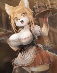  1girl animal_ear_fluff animal_ears apron artist_name barmaid beer_mug black_thighhighs bodice cowboy_shot cup dirndl fang fox_ears fox_girl fox_tail furry furry_female german_clothes mug nyifu original skirt tail tavern thick_eyebrows thighhighs underbust waitress wrist_cuffs yellow_fur 