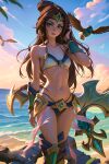  1girl absurdres ai-generated armor bikini_armor breasts circlet green_eyes hand_in_own_hair highres league_of_legends looking_at_viewer ocean pelvic_curtain sivir sky small_breasts solo water weapon 