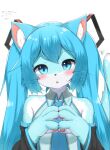  animal_ears aqua_eyes aqua_hair aqua_necktie blue_fur cat_ears cat_tail detached_sleeves furrification furry furry_female hatsune_miku highres horokusa_(korai) necktie pawpads sleeveless steepled_fingers tail twintails vocaloid whiskers white_background white_fur 