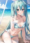  1girl absurdres aqua_eyes aqua_hair arm_support beach bikini blue_bikini blue_nails blue_sky blush breasts cleavage closed_mouth cloud collarbone commentary_request day frilled_bikini frills guri_(gri1211) hair_between_eyes hair_ornament halterneck hand_on_own_chest hatsune_miku highres long_hair looking_at_viewer medium_breasts navel ocean outdoors partial_commentary revision scrunchie shoulder_tattoo sidelocks signature sitting sky solo stomach string_bikini swimsuit tattoo thighhighs twintails very_long_hair vocaloid white_thighhighs wrist_scrunchie 