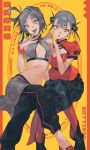  2girls bare_shoulders black_pants bracelet breasts chinese_clothes cleavage cleavage_cutout clothing_cutout commentary_request crossed_legs finger_to_eye finger_to_tongue grey_eyes grey_hair hair_rings hands_on_another&#039;s_shoulders highres jewelry legs looking_at_viewer multicolored_hair multiple_girls navel open_mouth original pants patterned_clothing red_footwear sharp_teeth short_hair sitting skirt small_breasts swept_bangs teeth tongue tongue_out translation_request unyu_(unnuluv) yellow_background 