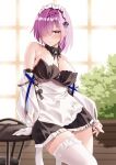 1girl absurdres asymmetrical_legwear azur_lane bare_shoulders black_dress bob_cut braid breasts classic_(zildjian33) detached_sleeves dress gloves hair_over_one_eye highres large_breasts looking_at_viewer maid maid_headdress official_alternate_costume penelope_(azur_lane) penelope_(salty_maid)_(azur_lane) purple_eyes purple_hair round_table short_hair single_thighhigh solo table thighhighs white_gloves white_thighhighs 