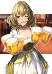  1girl alcohol beer beer_mug blurry blurry_background blush bow breasts cleavage collarbone cup dirndl dot_nose dress frilled_dress frills german_clothes green_dress green_eyes highres holding idolmaster idolmaster_cinderella_girls idolmaster_cinderella_girls_starlight_stage looking_at_viewer medium_breasts mole mole_under_eye mug nyome991 one_eye_closed open_mouth photo_(object) ribbon short_hair short_sleeves smile solo takagaki_kaede waist_bow yellow_ribbon 