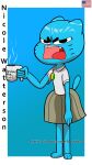  9:16 absurd_res annoyed anthro awesomemazda04 blue_body blue_tail bottomwear cartoon_network clothing container cup domestic_cat felid feline felis female hi_res holding_container holding_cup holding_object looking_at_viewer mammal mug nicole_watterson open_mouth shirt skirt solo tail teeth the_amazing_world_of_gumball topwear white_clothing white_shirt white_topwear 