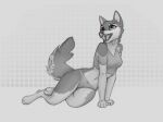  2023 anthro canid canine clothed clothing digital_media_(artwork) fangs female fur greyscale hi_res mammal midriff monochrome navel open_mouth panties simple_background solo teeth tongue underwear yshanii 