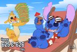  2023 4_fingers 4_toes alien aloha_shirt antennae_(anatomy) anthro beach_chair bendy_straw beverage biped black_eyes blue_body blue_claws blue_clothing blue_eyes blue_fur blue_nose blue_pawpads blue_shirt blue_topwear bottomless bottomless_anthro bottomless_male buckteeth chest_tuft claws clothed clothing cocktail_garnish cocktail_umbrella coconut coconut_drink crossed_legs dagwood_sandwich day digital_drawing_(artwork) digital_media_(artwork) dipstick_antennae disney drupe_(fruit) duo english_text experiment_(lilo_and_stitch) eyewear feet finger_claws fingers food fruit fur happy head_tuft hi_res holding_beverage holding_food holding_object holding_sandwich lilo_and_stitch male multicolored_antennae notched_ear open_clothing open_mouth open_shirt open_smile open_topwear outside pattern_clothing pattern_shirt pattern_topwear pawpads pink_tongue plant purple_mouth purple_tongue red_clothing red_nose red_shirt red_topwear relaxing reuben_(lilo_and_stitch) sandwich_(food) sea shirt small_tail smile soul-silver-dragon stitch_(lilo_and_stitch) straw sunglasses tail teeth text toe_claws toes tongue topwear tuft water yellow_body yellow_fur 