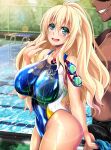  1boy 1girl anchor_symbol atago_(kancolle) blonde_hair blue_one-piece_swimsuit blue_sky breasts chain-link_fence cloud commentary_request competition_swimsuit cowboy_shot day fence green_eyes highres kantai_collection large_breasts long_hair looking_at_viewer militia_minpei naughty_face one-piece_swimsuit open_mouth outdoors pool sky swimsuit translation_request 