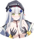  1girl bare_shoulders between_breasts black_gloves black_headwear blunt_bangs blush breasts choker cleavage covering covering_breasts cropped_torso facial_mark girls&#039;_frontline gloves green_eyes grey_hair hat highres hk416_(girls&#039;_frontline) jacket lancer_(worudrleh1) large_breasts long_hair long_sleeves looking_at_viewer naked_jacket off_shoulder open_clothes open_jacket parted_lips purple_choker simple_background solo upper_body very_long_hair white_background yellow_jacket 