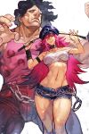  1boy 1girl abs belt black_choker black_hair breasts chain choker crop_top cuffs denim denim_shorts elbow_gloves final_fight gloves handcuffs hat holding holding_whip hugo_andore hungry_clicker large_breasts long_hair micro_shorts midriff muscular muscular_male navel night peaked_cap pink_hair pink_shirt poison_(final_fight) shirt shorts standing street_fighter tank_top whip 