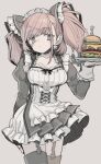  1girl alternate_costume atlanta_(kancolle) black_dress black_thighhighs blush brown_hair burger closed_mouth cowboy_shot dress earrings enmaided food frilled_dress frills garter_straps grey_background grey_eyes holding jewelry kantai_collection long_hair long_sleeves maid maid_headdress monaka_ooji simple_background single_earring solo star_(symbol) star_earrings thighhighs two_side_up 